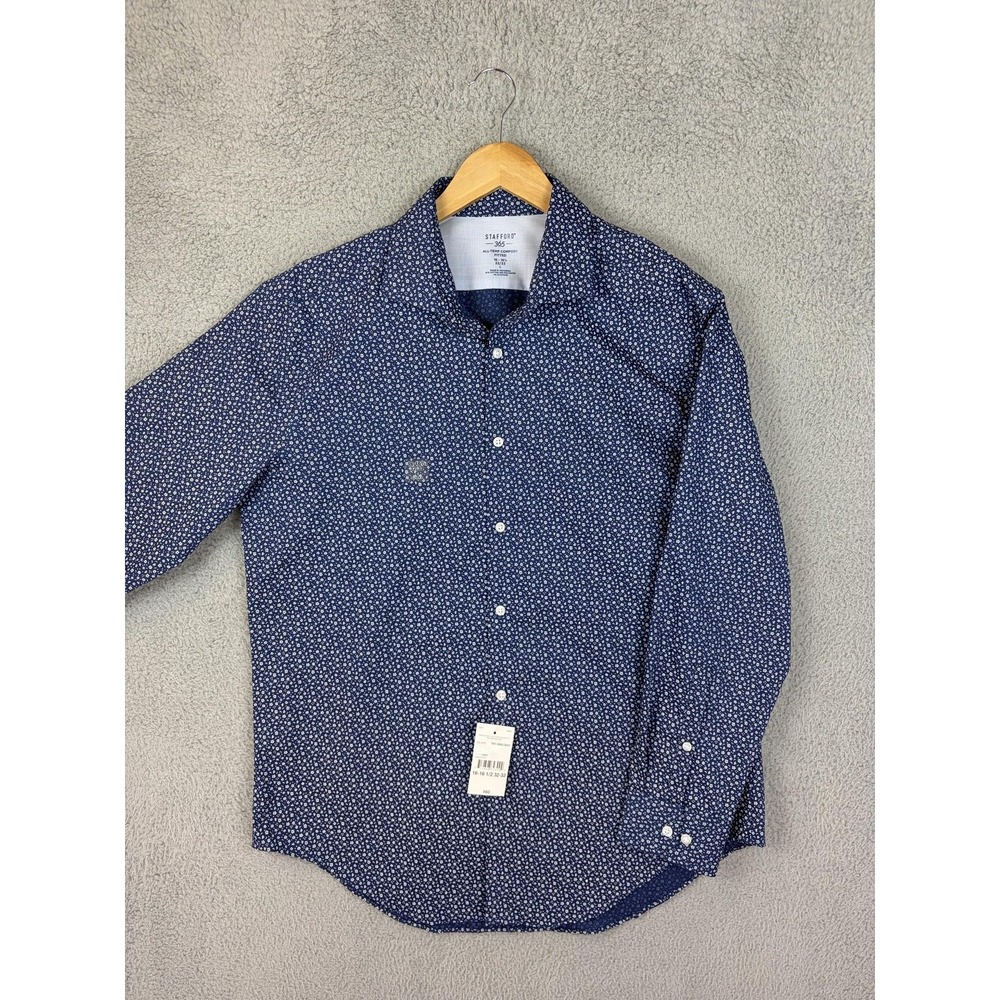 Stafford Dress Shirt Mens L 16-16.5 32/33 Dark Navy Floral Slim Fit Stretch New